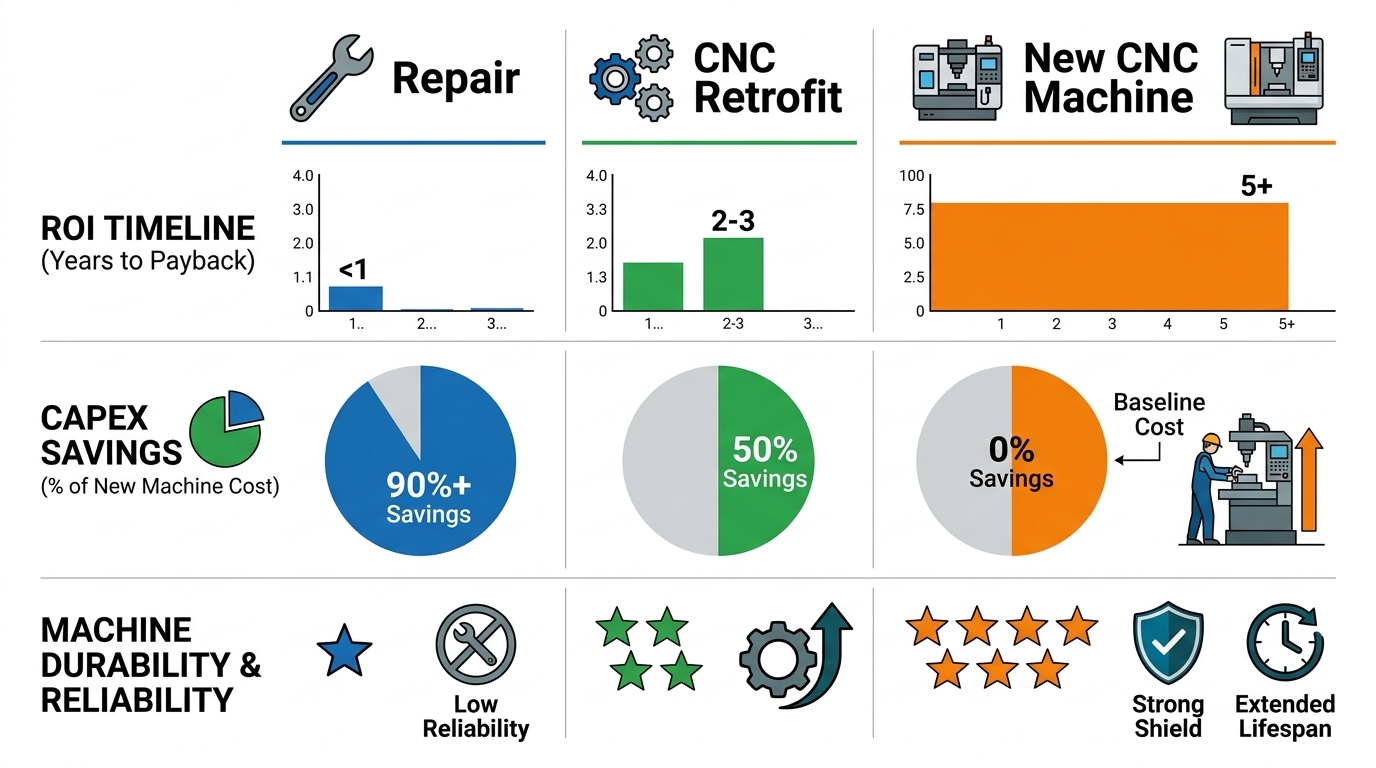 Infografía comparativa de inversión, ROI y vida útil entre reparación, retrofit y máquina nueva