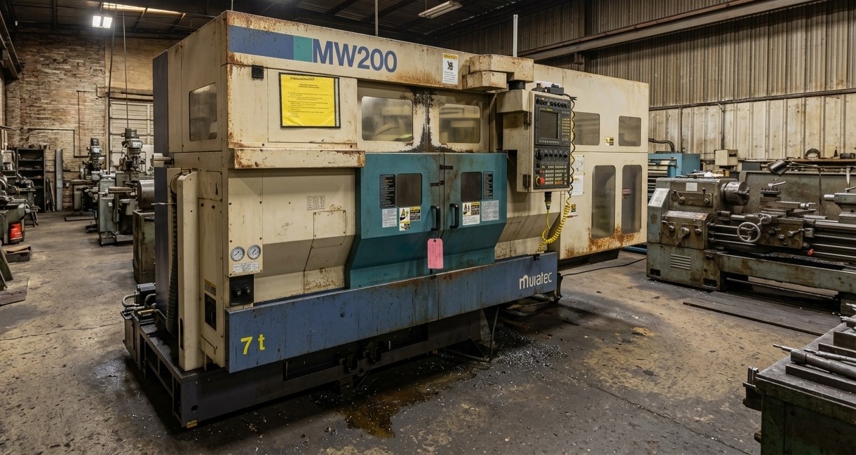 Máquina CNC obsoleta con pantalla CRT y electrónica antigua