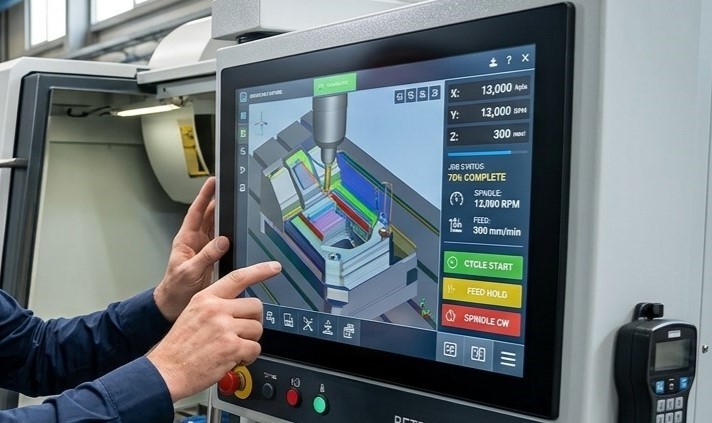 Operario utilizando interfaz moderna CNC tras retrofit