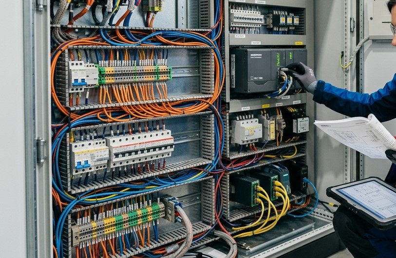 Técnico de CNCSystems realizando retrofit e integración de armario eléctrico CNC