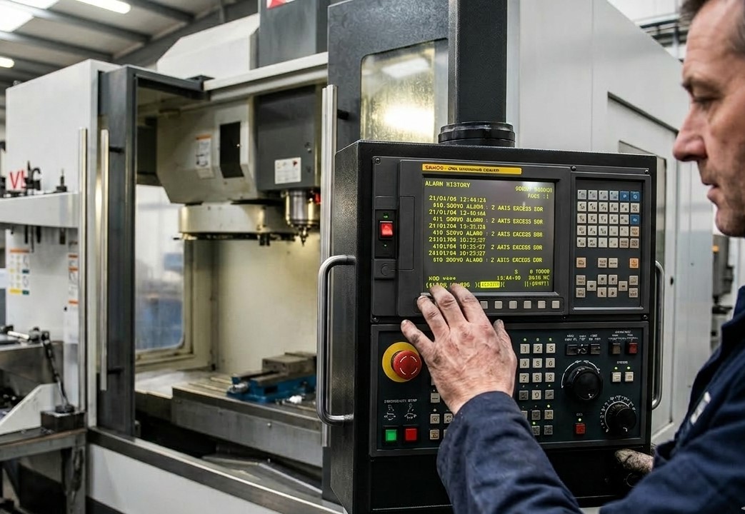 Pantalla CNC Fanuc mostrando alarma 410 servo excess error