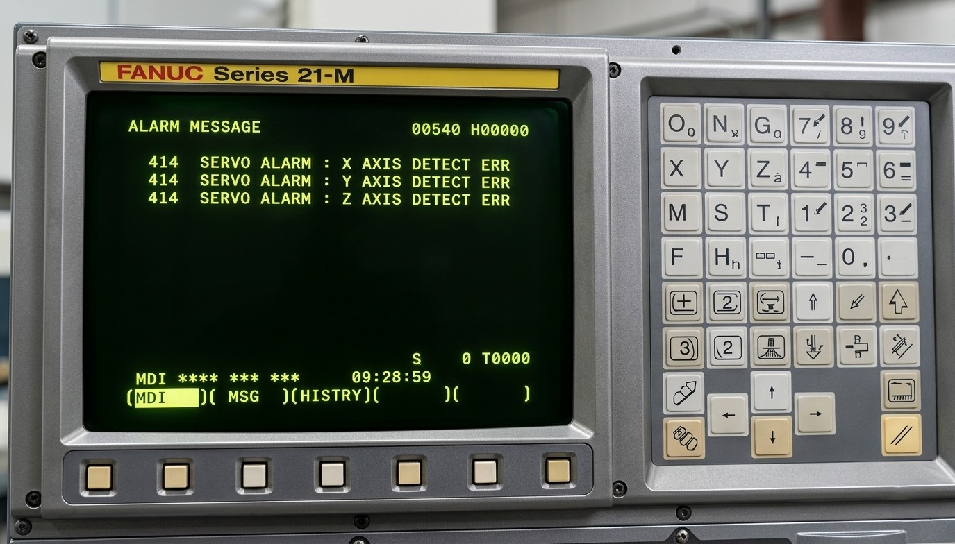 Pantalla CNC Fanuc mostrando alarma 414 digital servo alarm