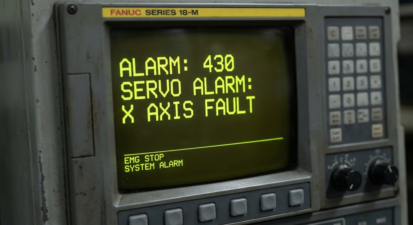 Pantalla CNC Fanuc mostrando alarma 430 servo alarm axis fault