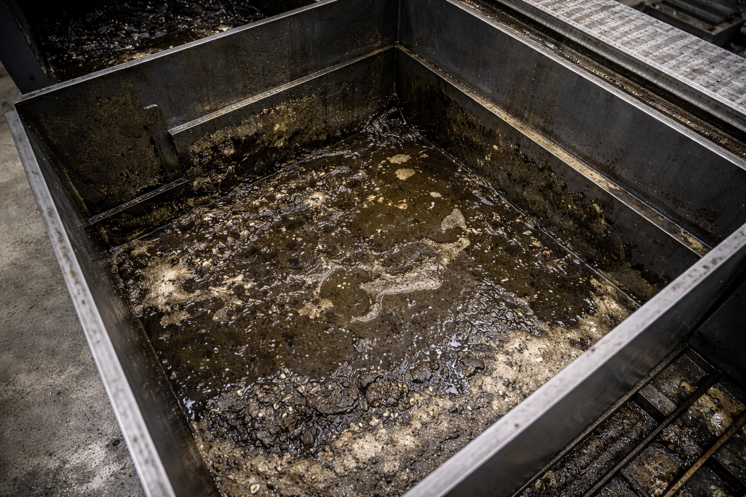 Depósito de taladrina sucio con acumulación de lodos en máquina CNC