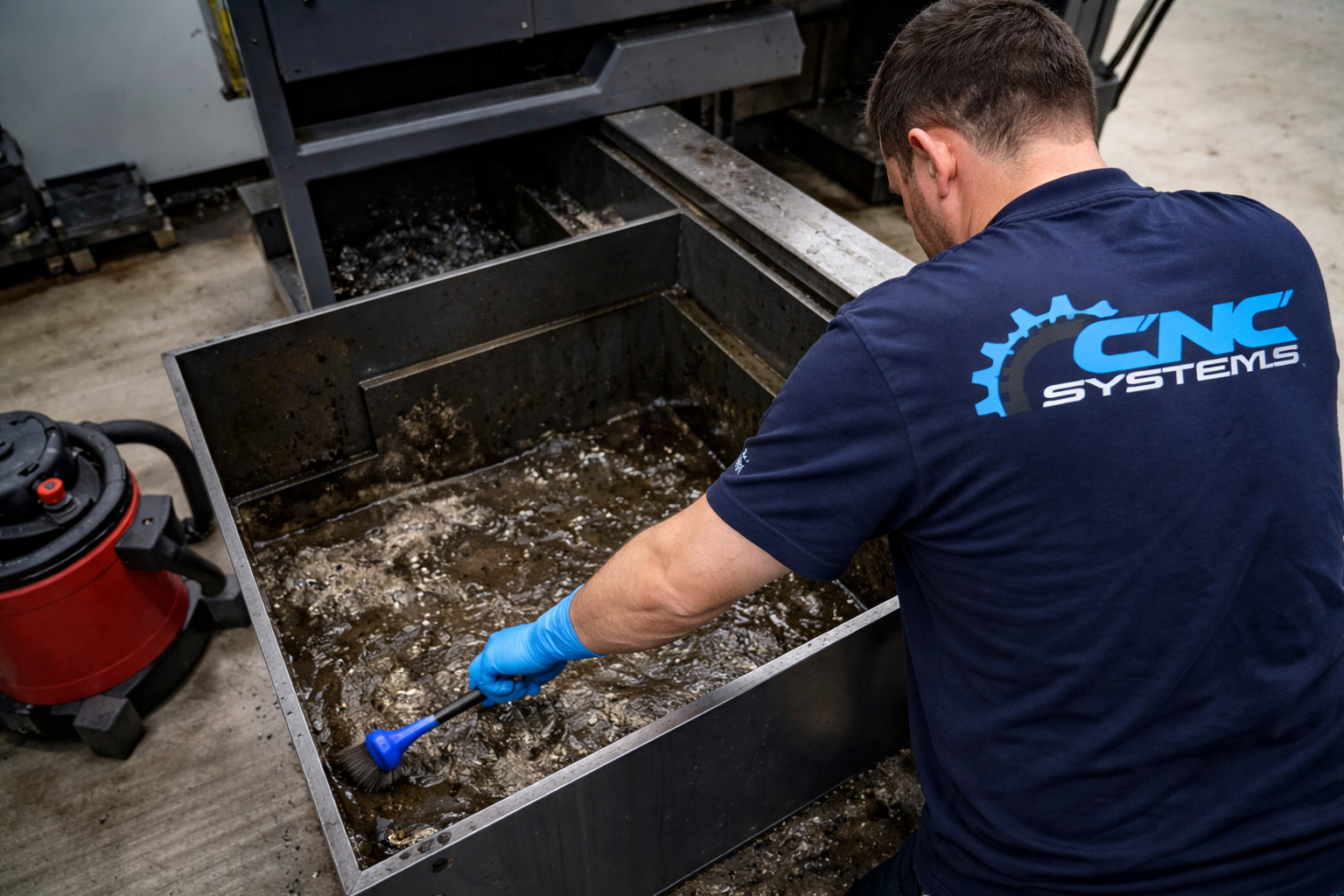 Operador realizando limpieza de tanque de taladrina en máquina CNC industrial