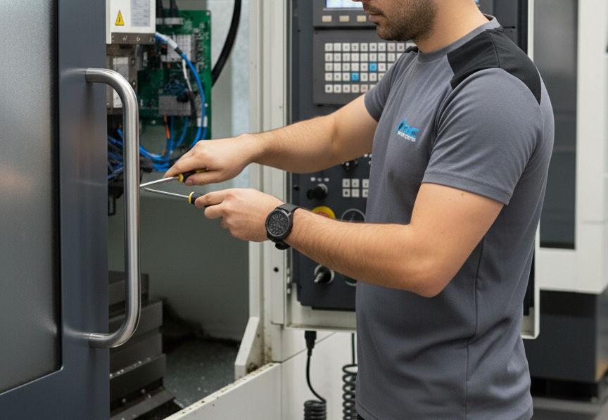 Técnico reparando torno CNC