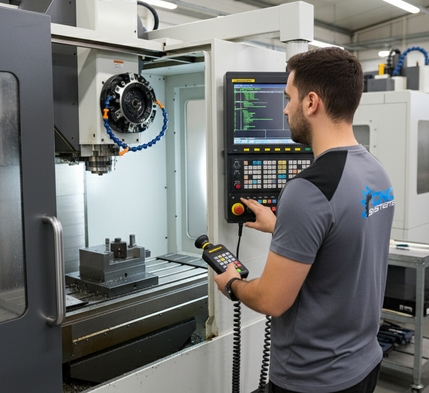 Técnico reparando torno CNC